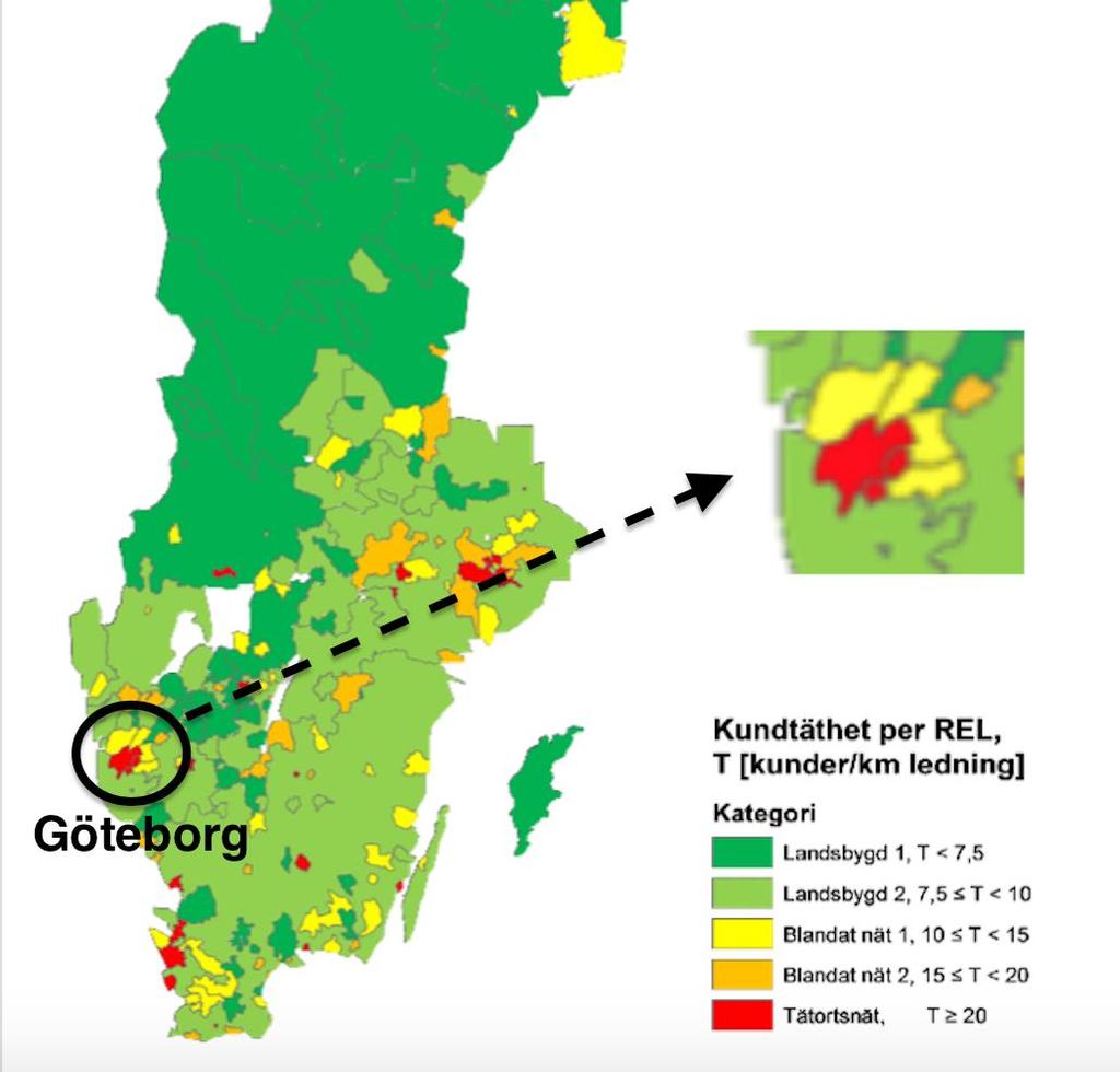 Kartan nedan (Figur 7) visar Sveriges geografiska yta där kundtätheten, T, är graderad (T<7,5 till T>20 [kunder/km]) för ledningskablar.