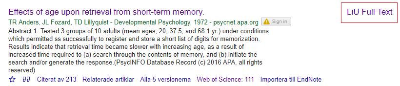 Informationssökning/Mikael Rosell 15 FEBRUARY 2019 22 Google Scholar Tillgång utanför LiU:s nätverk (Eduroam)!