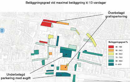 Figur 2: Kartan illustrerar beläggningsgraden vid maximal beläggning (kl. 13 vardagar). Källa: Parkeringsstrategi Trelleborgs kommun 2017-2025.