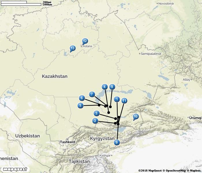 Resan i korthet Dag Orter/resplan 1 Resan startar under kvällen vid flygplatsen i Almaty. Transport till hotell. 2 Vi värmer upp med fin skådning ett stycke utanför staden, vid foten av Tien Shan.