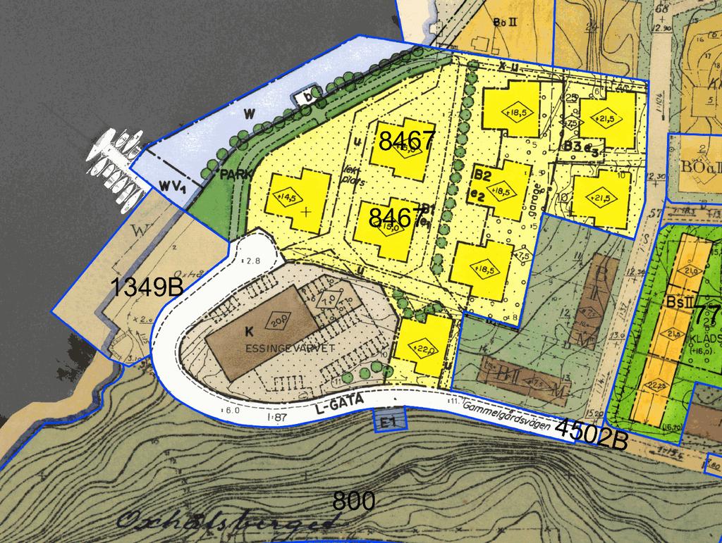 Sida 5 (9) Planmosaik. Fastigheterna Essingevarvet 28 och 31 inringat med rött.