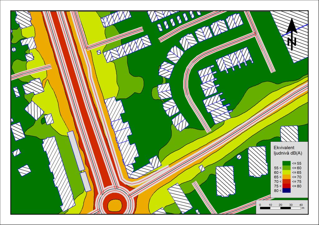 Ekvivalent ljudnivå efter planerad byggnation Bedömning Beräkningarna visar att den planerade byggnationen har en mycket positiv påverkan på bullersituationen för de hus som är lokaliserade i nordost.