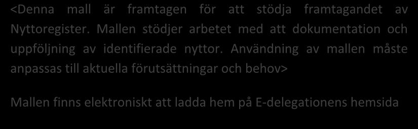 Vägledning i nyttorealisering 2.0 Bilaga 11d Mall för Nyttoregister Vägledning i nyttorealisering Mall för Nyttoregister <Denna mall är framtagen för att stödja framtagandet av Nyttoregister.