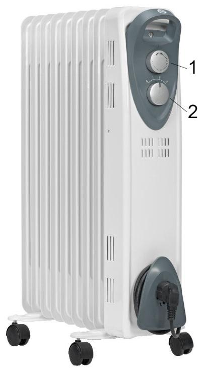 ENGLISH DESCRIPTION 1. Temperature selector 2. Power switch/output mode selector Installation OPERATION Remove all parts from the packaging. 1. Turn the appliance upside down. 2. Put the feet on the radiator.