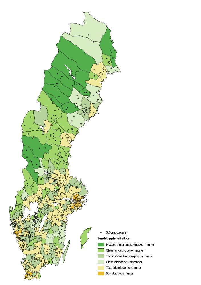 Projekten är fördelande på olika kategorier av kommuner enligt nedan: täta blandade kommuner (174 projekt) tätortsnära landsbygdskommuner (138 projekt) glesa landsbygdskommuner (86