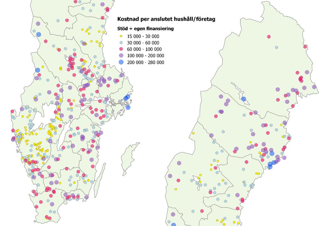 Figur 10 visar kostnad per anslutet hushåll/företag. Kostnaden för Västra Götalands län är till stor del under 30 000 kronor per anslutning.