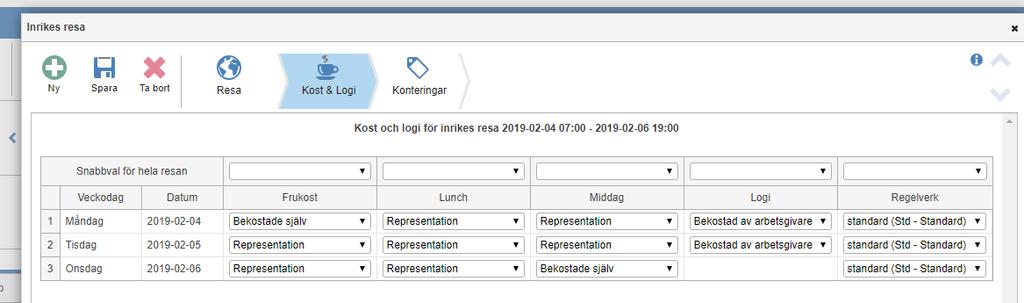 Kost Frukost, Lunch, Middag Nedanstående val finns Ingick obl i hotellpriset Bekostade själv Bekostad av arbetsgivare, förmån Ingick obl i biljettpriset allm transport Representation Denna eller