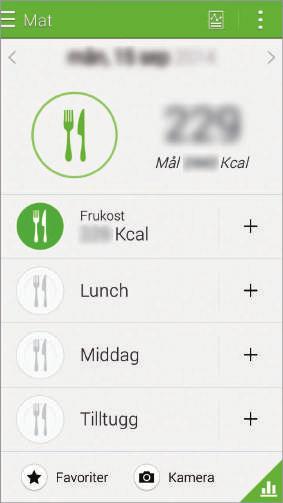 S Health Registrera matintag Registrera vad du äter under en dag och håll koll på kaloriintaget. 1 Tryck lätt på Mat. 2 Tryck lätt på bredvid måltiden.