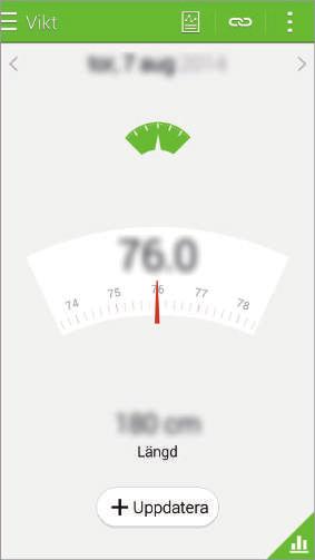 S Health 3 Ange din aktuella vikt tryck lätt på Spara. När du ändrar vikten kommer enheten automatiskt att lägga till uppgifterna i profilen. Visa loggar över din dagliga vikt.