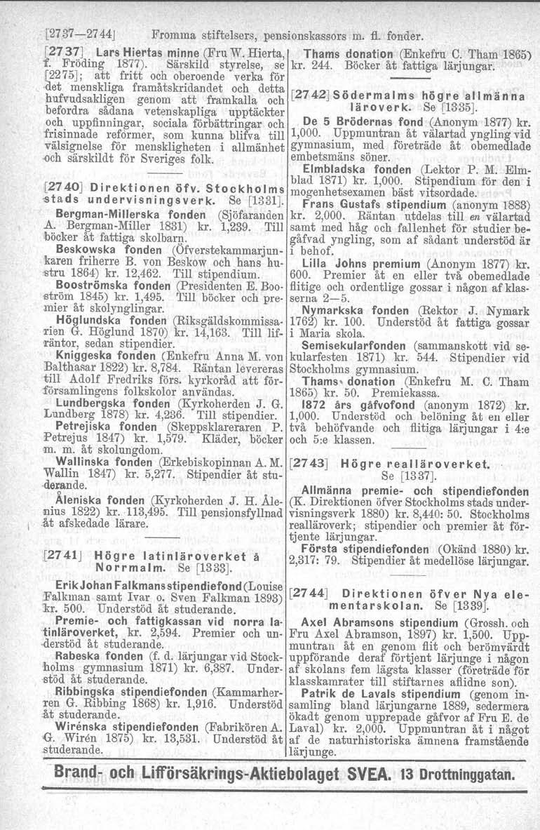 [2737-2744J Fromma stiftelsers, pensionskassors m. fl. fonder. 12741J Högre latinläroverket å Norrmalm. Se [1333J. [2737J lars Hiertas minne (Fru W. Hierta, Thams donation (Enkefru C. Tham 1865) f.