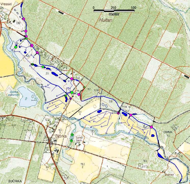 Översikt översilningsanläggning Björka Här blir paddparadis Hit är kanalen klart Ca 2,7 km kanal 21 små dammar Ca 5,4 km