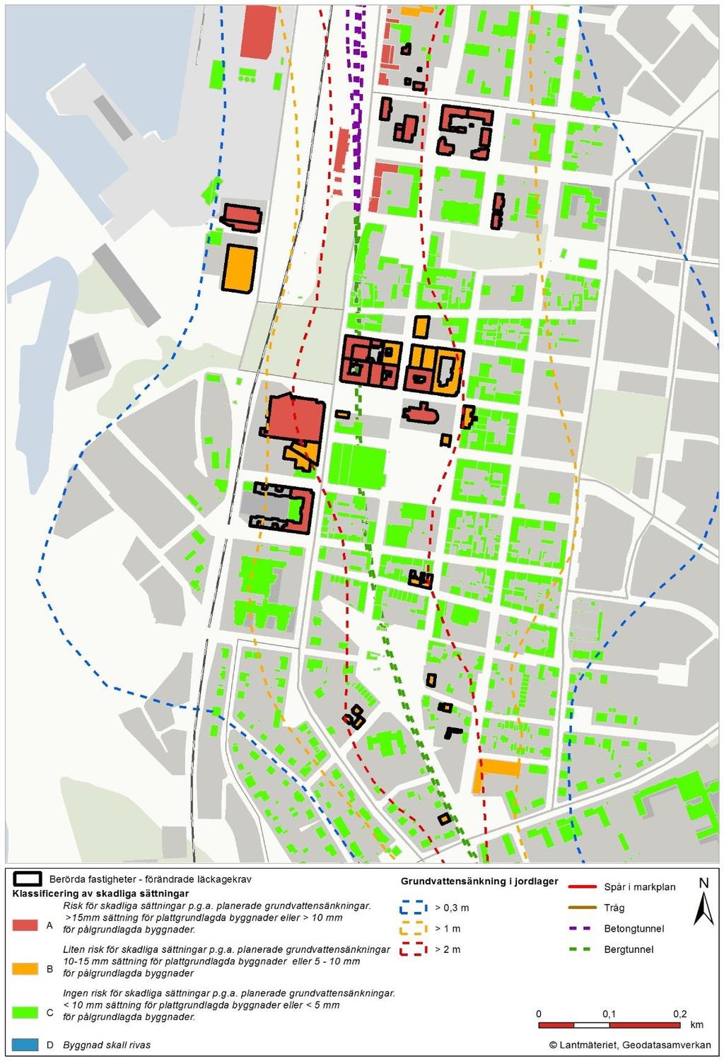 Mål nr M 465-17, R8 6(11) Figur 2; Karta som visar klassificering av sättningskänslighet för byggnader inom beräknat