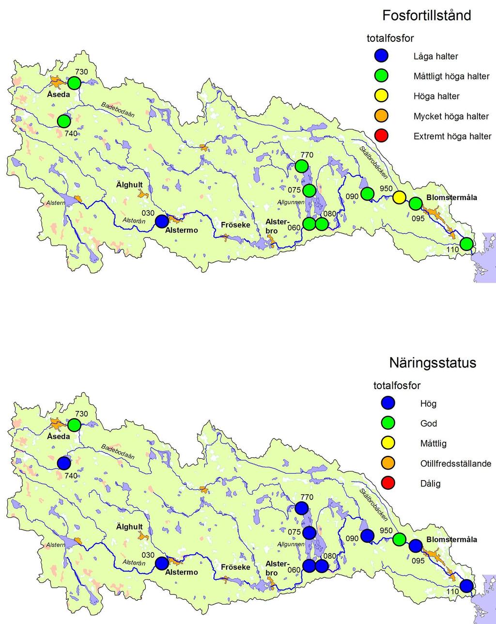 ALSTERÅN 212 Fosfor och näringsstatus De tydligast påverkade lokalerna med avseende på fosfor var Kållen och Skälbrobäcken, men även vid dessa lokaler bedömdes fosforhalterna motsvara god status.