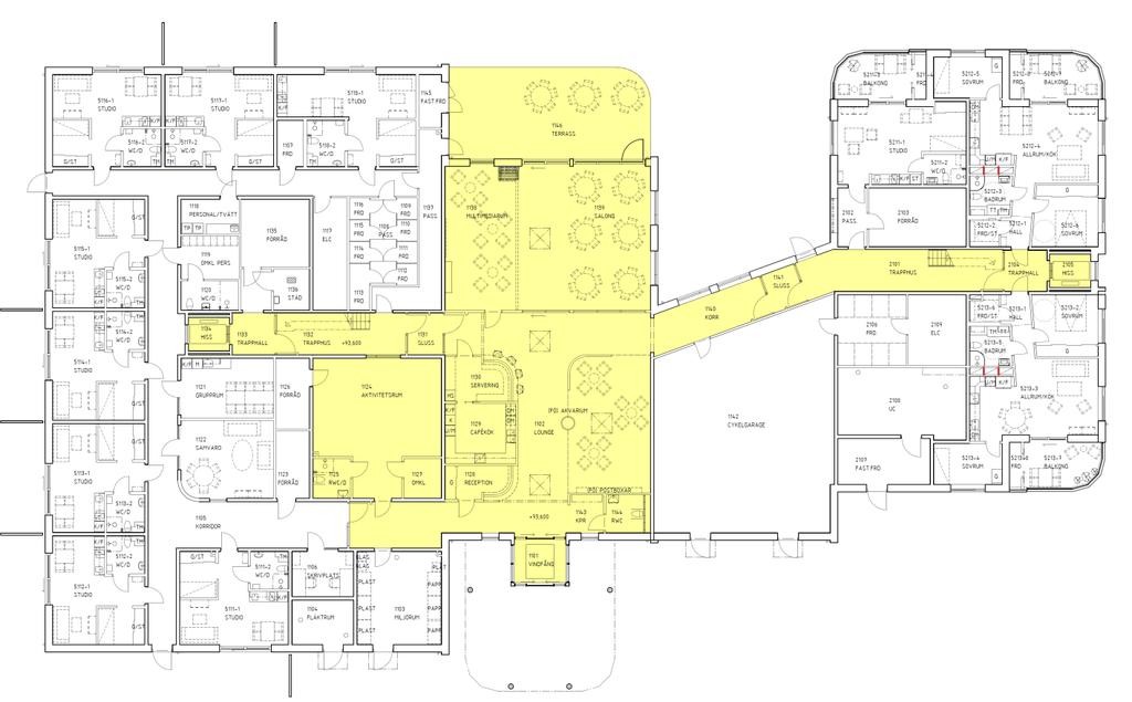 Gemensamma utrymmen - mer än bara en bostad ENTRÉVÅNING Lounge. Genom skjutdörrspartierna kommer man in i loungen, en mötesplats där bla fåtöljsittgrupper finns. Reception.