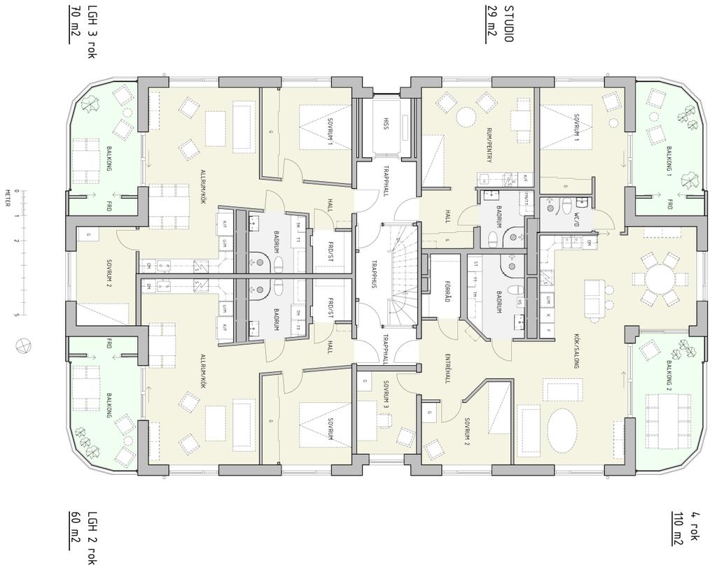 Fasad mot väster / Göta kanal Studio 29 m 2 4 rum och kök 110 m 2 2 rum och kök 60 m 2 3 rum och kök 70 m 2 ÖVERSIKTLIG LÄGENHETSBESKRIVNING Studio 29 m 2 Allrum med ekparkett och köksdel.