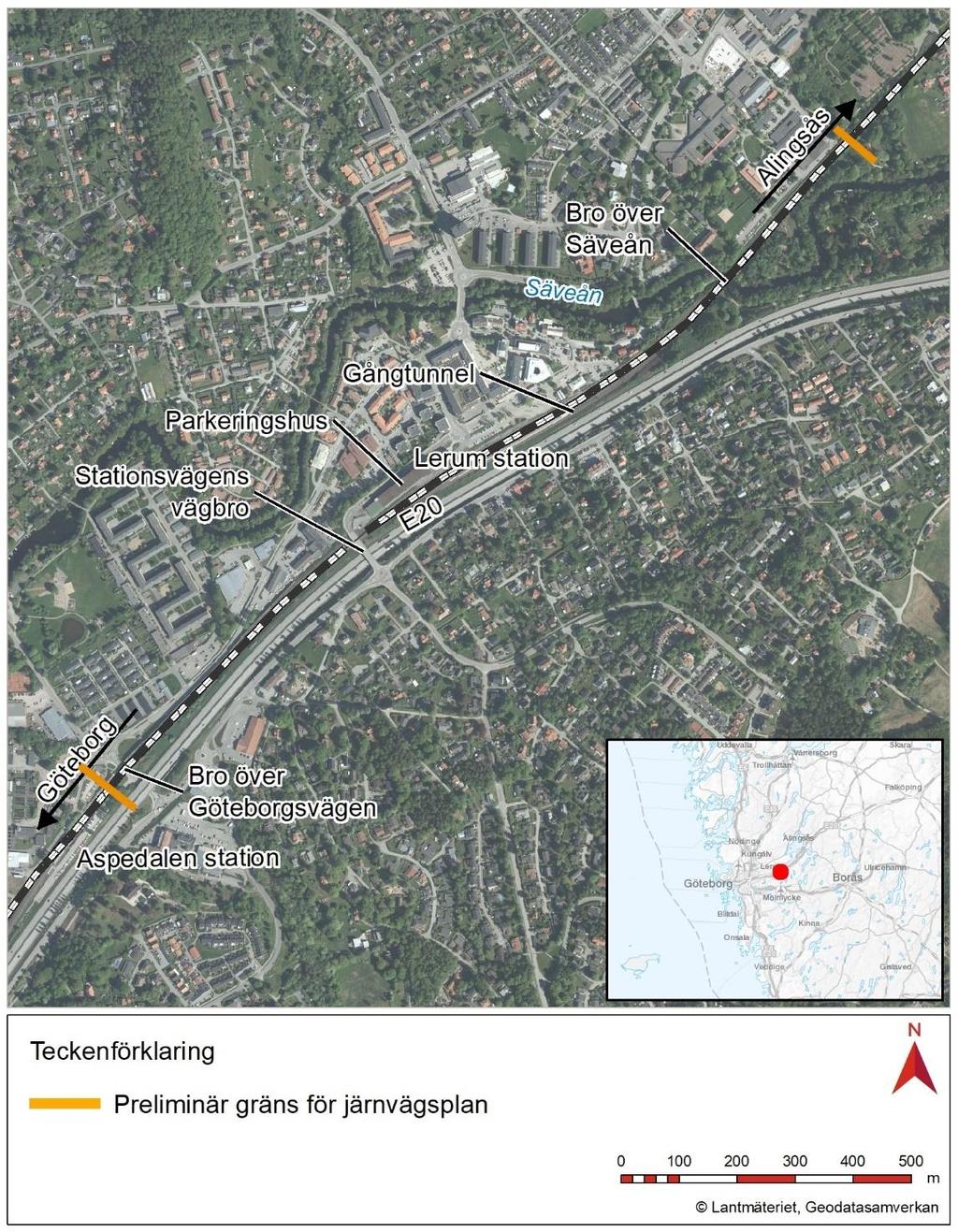 2.7.3. Geografisk avgränsning Föreslagen ombyggnad sträcker sig från bro över Göteborgsvägen i sydväst fram till bro över Säveån i nordöst, se Figur 3.