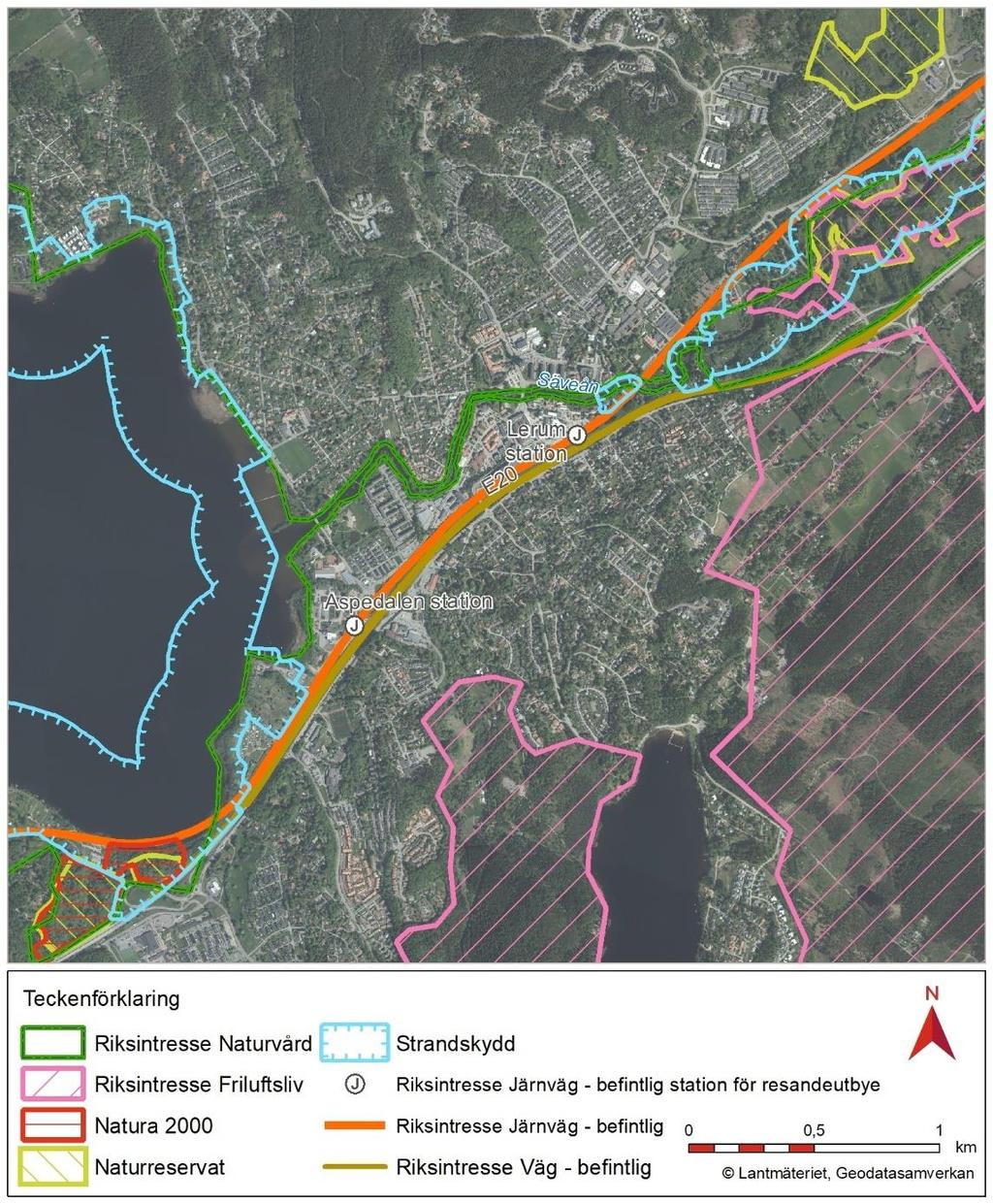 Figur 7 Riksintressen, naturreservat, Natura 2000-områden och strandskydd i anslutning till Lerum. 3.2.2. Naturreservat och Natura 2000 Naturreservat upprättas i enligt med 7 kapitlet 4-8 miljöbalken.