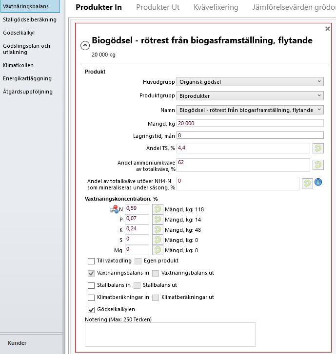 50 Produkterna som du har lagt till i växtnäringsbalansen kommer automatiskt upp under Inköpt organisk gödsel i Gödselkalkylen genom att