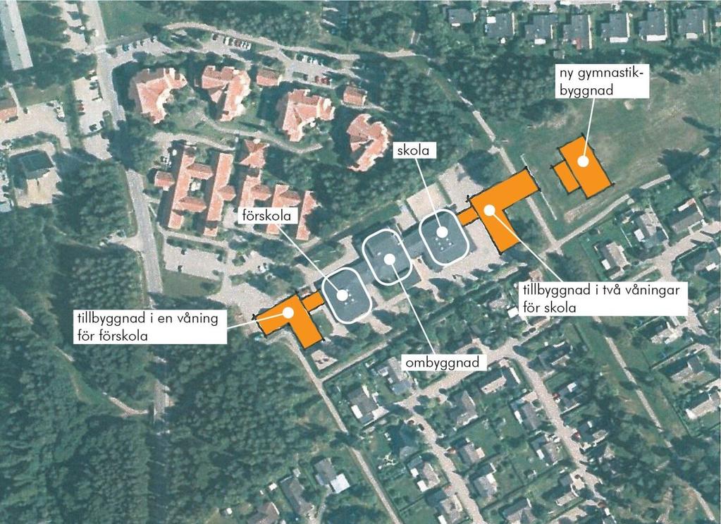 Dallidenskolan Bild 30 Situationsplan som visar om- och tillbyggnad för 3P skola och förskola 8 avd.