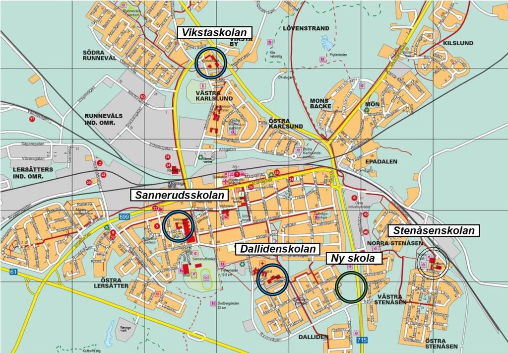 4.4 Alternativ 3A Bild 4 Alternativ 3A Vikstaskolan organiseras som en F-6 skola med två paralleller (två klasser i varje årskurs). En ny skola byggs och befintliga lokaler rivs.