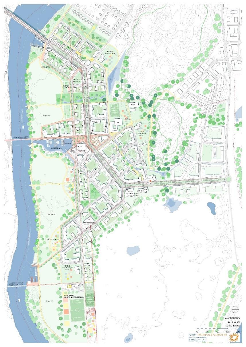 Figur 1 nedan visar strukturplan, med planerad byggnation för Jakobsberg. Strukturplanen visar både östra och västra Jakobsberg.