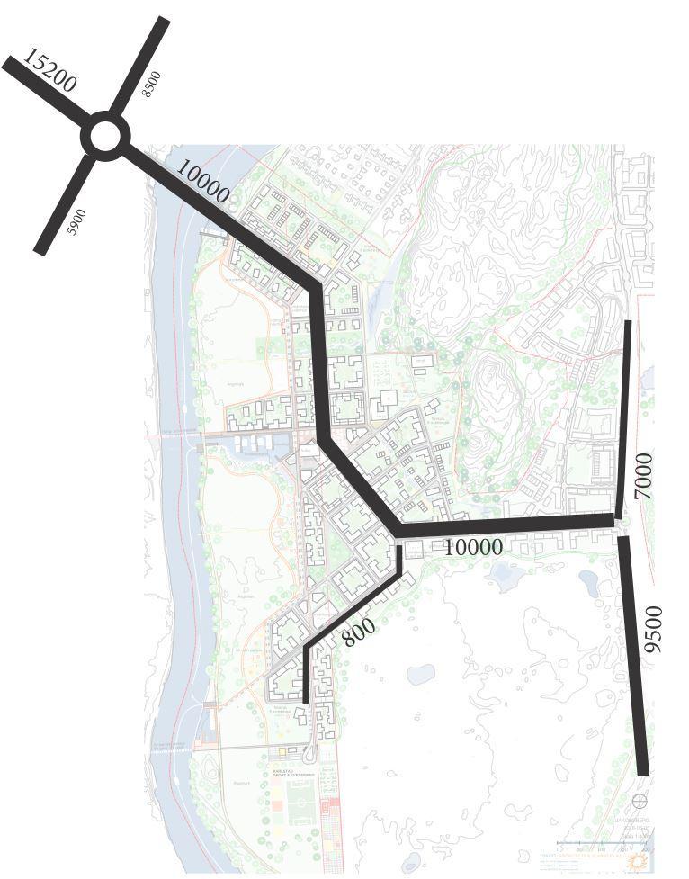 2.2 ÄGTRAFIKDATA Trafikdata som använts i beräkningen avser fullt utbyggt scenario på Jakobsberg. Använd trafikdata anges i Tabell 1 samt i Figur 3 nedan. Dygnsfördelning för trafik har ej erhållits.