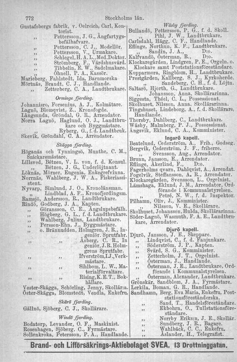 772 Stockholms län. Gustafsbergs fabrik, v. Oelreich, Carl, Kon- Wäsb,yfje,'ding. torist. o Bullandö, Pettersson, P, G., f. d. Skoll. Pettersson, J. G., Angfartygs- " Pihl, J. W., Landtbrukare, befälhafvare.