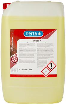 Vid sprayning på fälgarna kommer Nerta WHEEL 7 att reagera snabbt på all slags smuts och bromsdamm. En intensiv färgförändring från gul (produktfärg) till mörkröd kommer att synas.