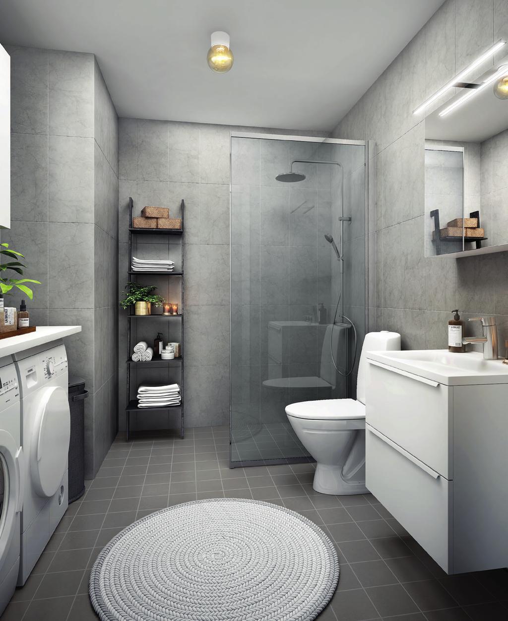 1 2 3 4 Ett sobert helkaklat badrum i grå toner förhöjer din vardag. Komplett med tvättmaskin och torktumlare samt förvaring i kommod och väggskåp.