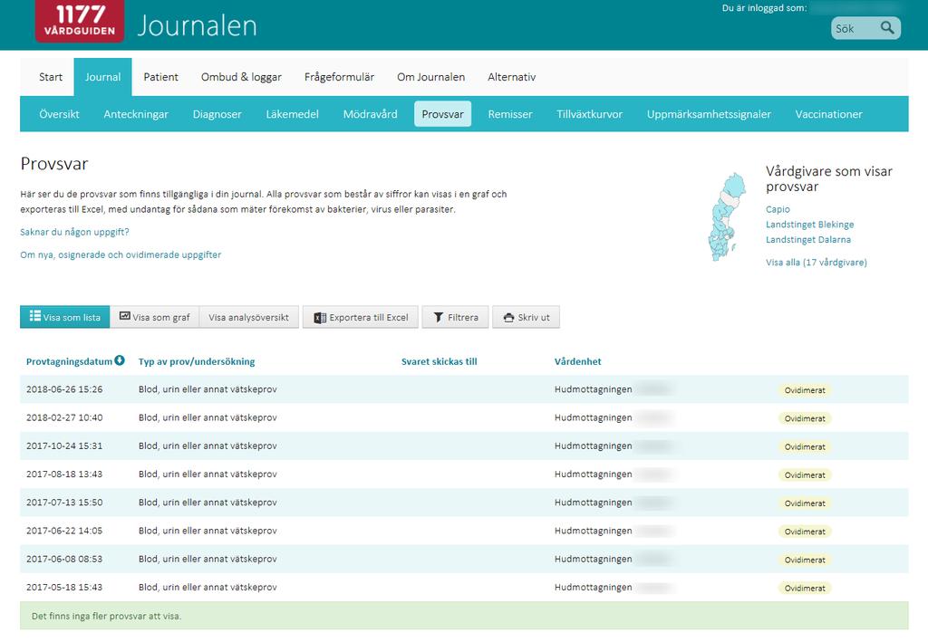 Provsvar Under Provsvar kan du ta del av dina provsvar. Klicka på provet/undersökningen för att läsa svaret.