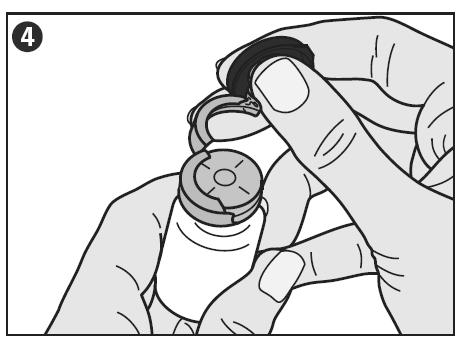 4) När väl förseglingen brutits håll flaskan i ett fast grepp och dra av metallförseglingen för att frigöra hela gummiproppen (bild 4).