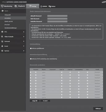 WEB VIEWER-PASSWORD SETUP Användare 1. På inställningsmenyn väljer du fliken <Basic ( )>. 2. Klicka på <Användare>. 3. Ange nödvändig användarinformation.