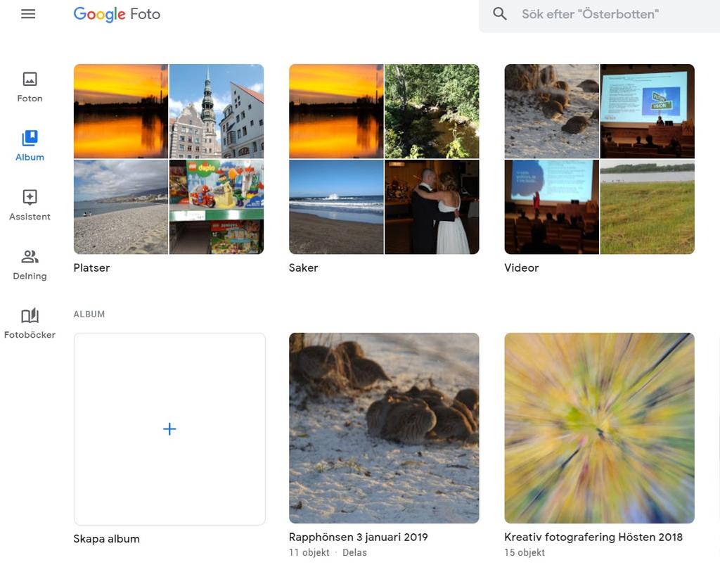 Album Här har vi en del av mina album. De 3 första Platser, Saker och Videor har Google foto genererat själv på basen av analys av bilden. Testa själv.