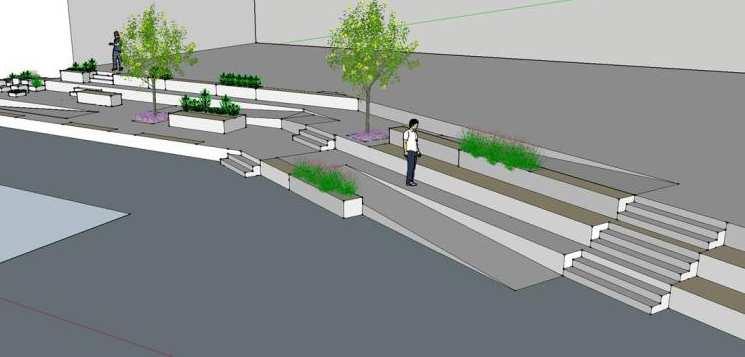 Idéskisserna visar trappformade stora trädäck på gård och takterrass, där lekmöjligheterna integrerats och sittplatser kan placeras i solbelysta lägen.