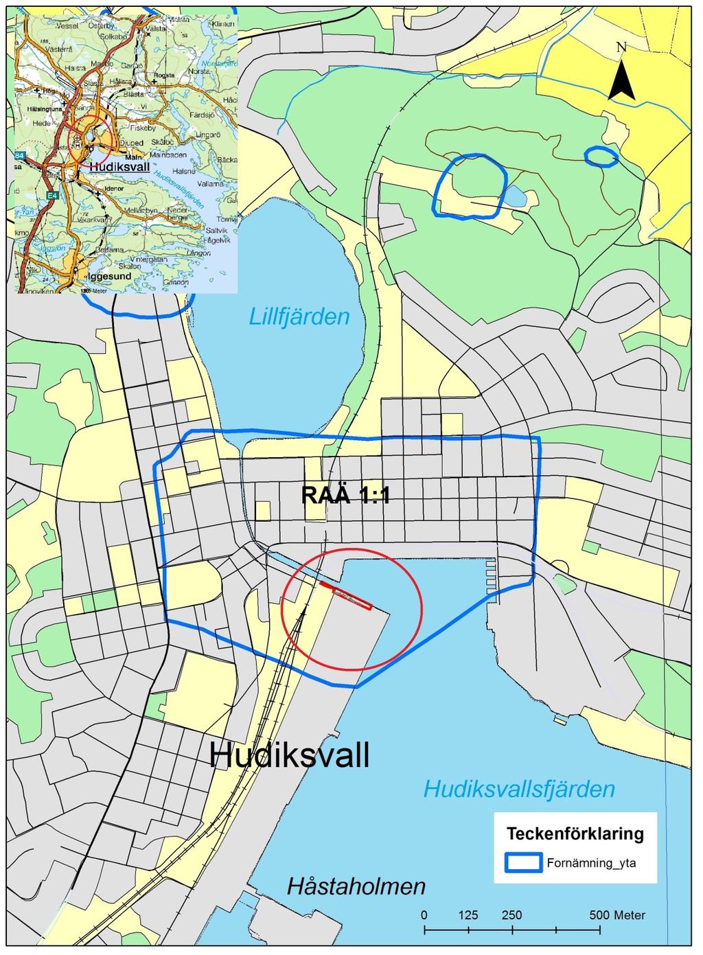 Figur 1. Karta över centrala Hudiskavall med undersökningsområdet rödmarkerat.