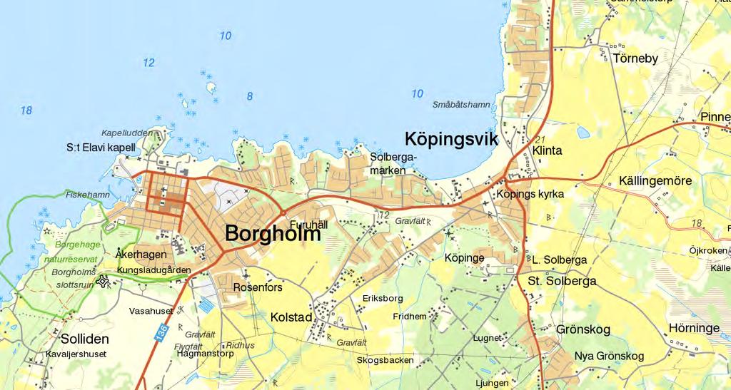 Figur 1. Karta över den aktuella delen av orterna Borgholm och Köpingsvik, med Solbergamarken markerat i mitten.