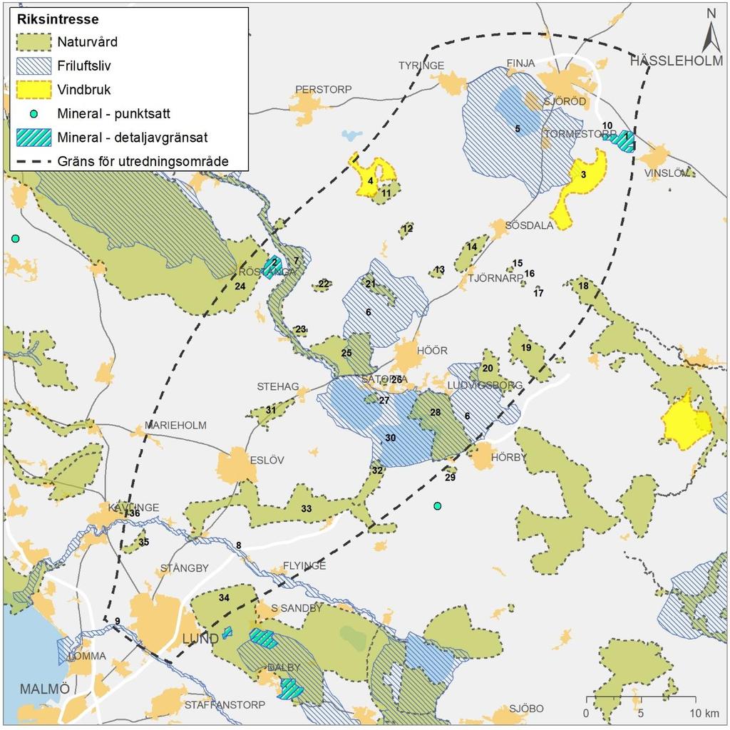Figur 10. Kartan redovisar utredningsområdet med riksintresseområde för naturmiljö, friluftsliv, mineral och vindbruk.