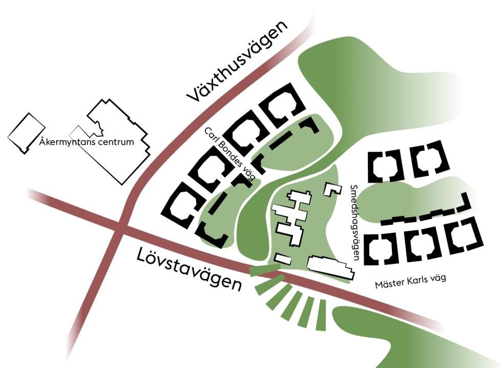 Sida 10 (14) 3. Rumslig struktur - Offentliga mötesplatser Smedshagen, med närheten till Åkermyntans centrum har potential att bidra med offentliga miljöer som saknas i närområdet.