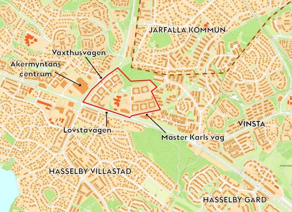 Sida 2 (14) Den röda markeringen visar planområdets läge i stadsdelen.