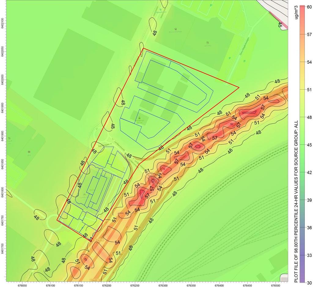 4.1.3 NO 2 Dygnsmedelvärden Figur 7. Nuvarande situation 2016, beräknade halter av kvävedioxid som dygnsmedelvärden (98 percentil). Planområdet markeras med röd linje.