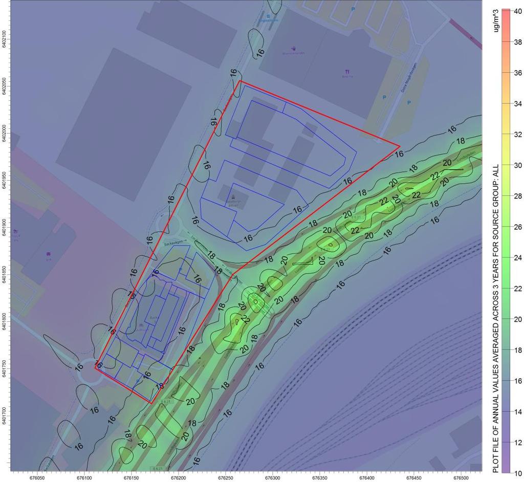4.2.2 PM 10 Årsmedelvärden Figur 13. Nuvarande situation 2016, beräknade halter av partiklar (PM 10) som årsmedelvärden. Planområdet markeras med röd linje.