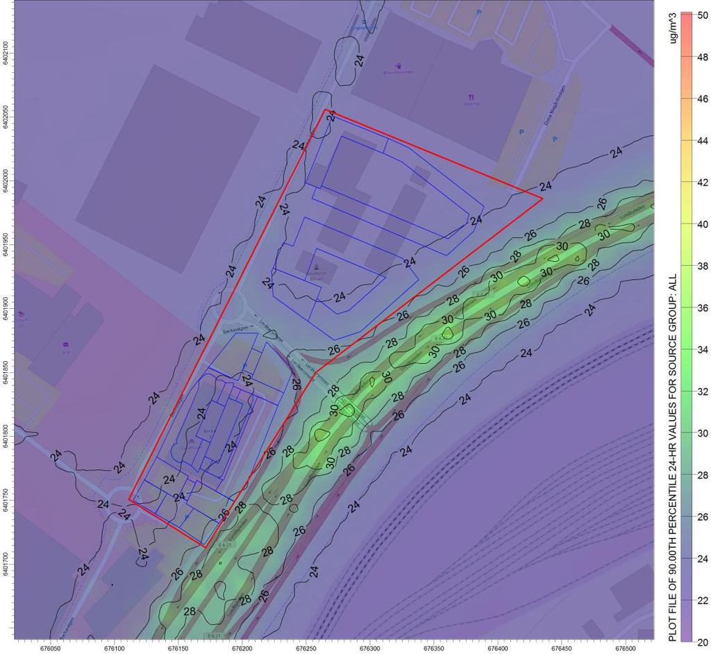 4.2.3 PM 10 Dygnsmedelvärden Figur 16. Nuvarande situation 2016, beräknade halter av partiklar (PM 10) som dygnsmedelvärden (90 percentil). Planområdet markeras med röd linje.