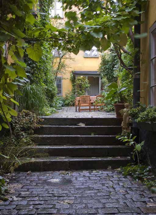 GÅRDEN ÄR LUMMIG OCH UPPBYGGD I TVÅ NIVÅER SOM SAMMANBINDS AV EN KALK- STENSTRAPPA. VY FRÅN ÖSTER. FOTO: J. MALMBERG man till traditionell kalkputs och kalkavfärgningar vid fasadrenoveringarna.