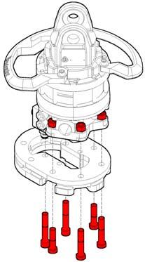 INSTALLATION Installation Montering av rotatorfäste 1. Montera ihop hydraulblocket (1) med rotatorn (2). Hålskruvarna (3) dras åt med moment enligt nedanstående tabell.