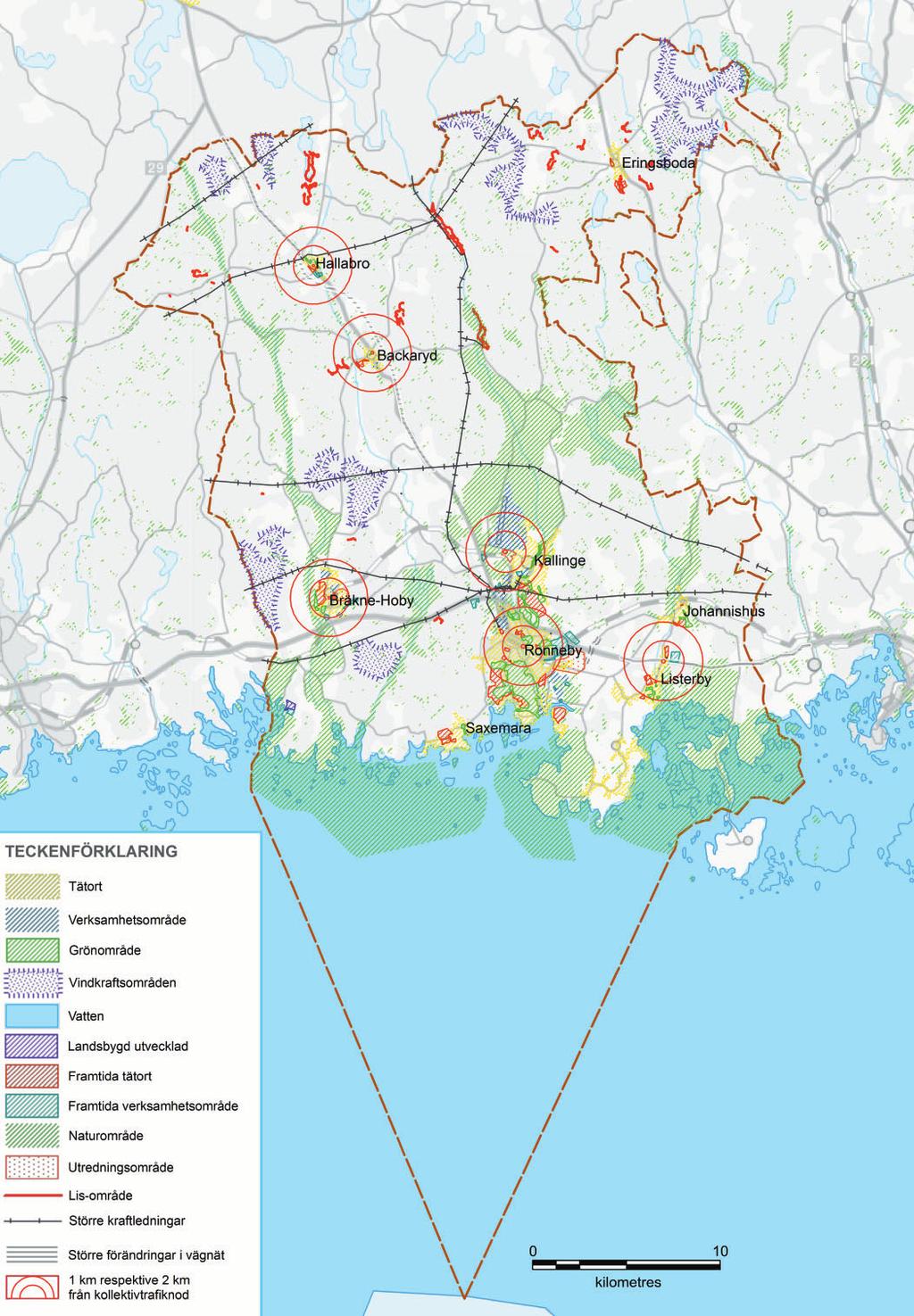 Kartbilden visar den planerade användningen av mark- och vattenområden i kommunen.