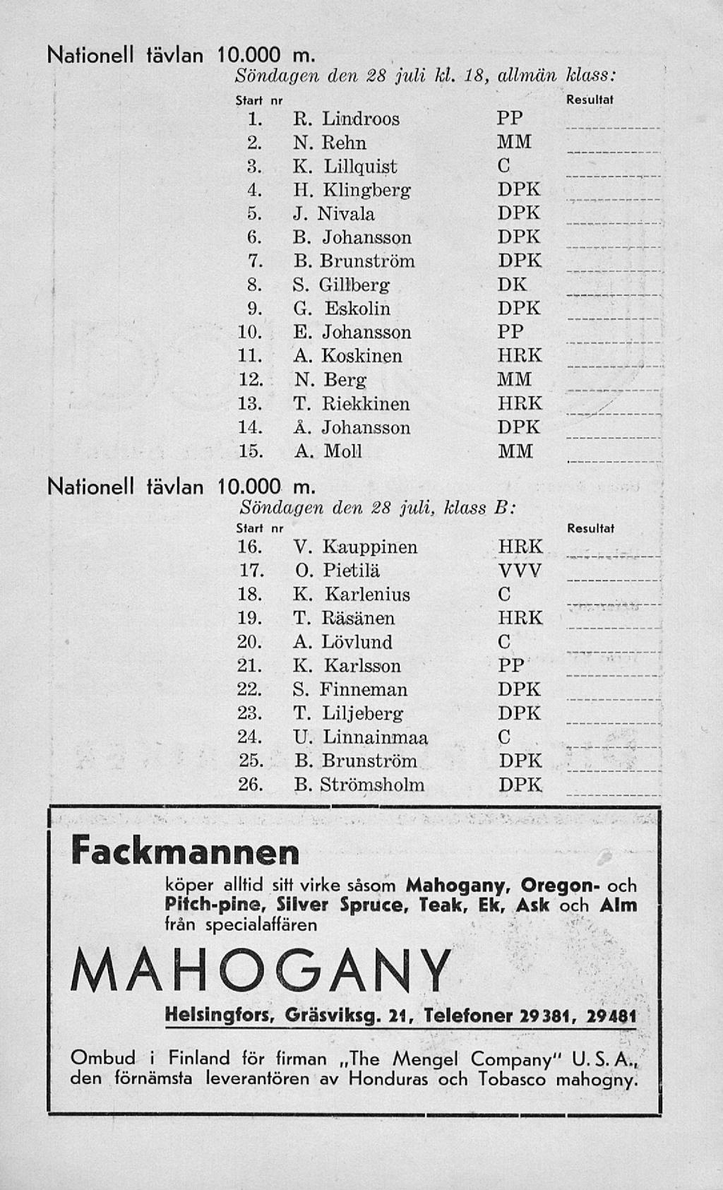 Nationell tävlan 10.000 m. Nationell tävlan Söndagen den 28 juli kl. 18, allmän klass: Start nr Resultat 1. R. Lindroos 2. N. Rehn 3. K. Lillquist 4. H. Klingberg 5. J. Nivala 6. B. Johansson 7. B. Brunström 8.