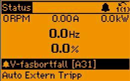 7 Manövrering av frekvensomformaren Nedre delen visar alltid frekvensomformarens statusläge. Övre delen Mellersta delen 130BP074.