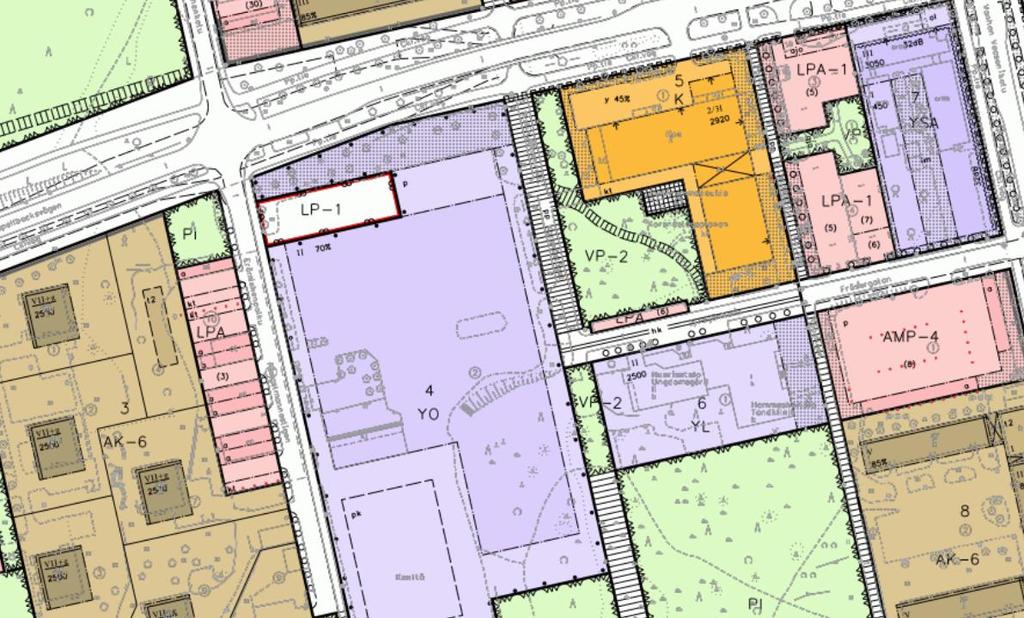 Enligt detaljplanesammanställningen består planområdet av kvartersområde för affärs- och kontorsbyggnader (K), kvartersområde för bostadshus som betjänar socialväsendet och hälsovården (YSA),