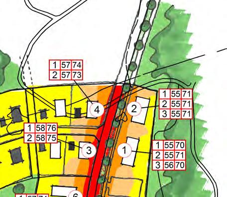 BJÄRBY 7:1 m fl, NÄTTRABY Situation trafik framtidsprognos Dygnsekvivalent ljudnivå 1,5 m över mark ÖVRIGT Kartan visar ljudnivåerna inklusive fasadreflexer.