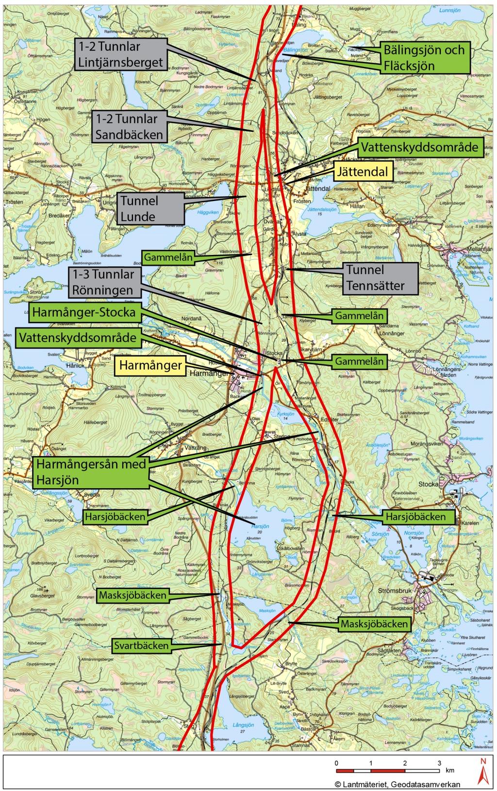 Figur 1 Risk- och skadeobjekt gällande färdig anläggning, delsträckan Stegskogen Bäling. Gula och gröna pilar avser skadeobjekt d.v.s. skyddsvärden som kan lida skada vid händelse på järnvägen.